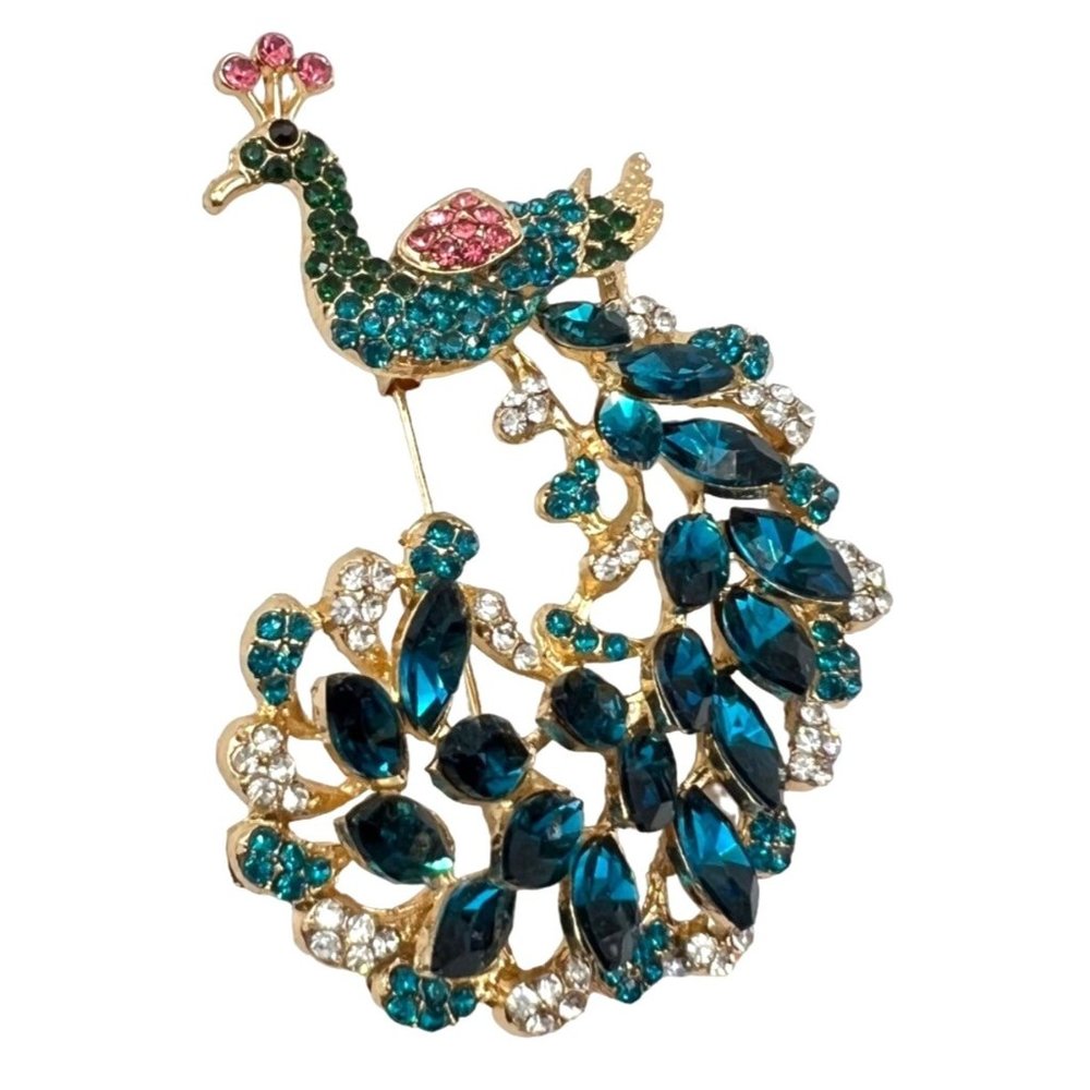 Peacock Brooch Train Blue Green Rhinestones Trimmed Crystals Gold Metal Crest Pi
